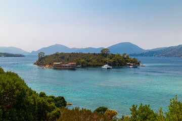 Naklejka na ściany i meble Panoramic view of bay and city of Gocek - Fethiye, Turkey with marina and yachts.