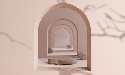 earth tone arch background and stone podium for product presentation. Natural beauty pedestal, relaxation concept, 3d illustration