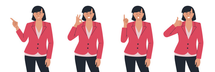 People. Woman in a jacket with different emotions and gestures. Presentation. Set of vector images.
