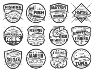 Fishing sport icons, fisher club and fishes emblems, vector salmon and tuna big catch. Fishing tournament and camp badge sings, rods for river pike, ocean marlin, and sea mackerel, flounder and perch