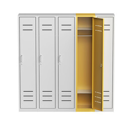 Front view of five lockers on white background, one opened