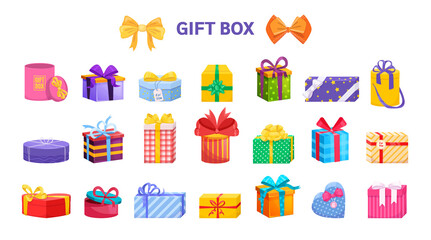 Present wrapped gift box differents shapes with ribbons and bows.