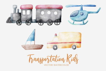kids transportation train helicopter boat and ambulance watercolor set collection art graphic design illustration