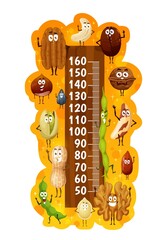 Kids height chart with funny nuts and seed characters. Growth meter with cartoon vector pumpkin and sunflower seed, walnut, peanut and cashew, brazil nut, chestnut, pistachio, soy and coffee bean