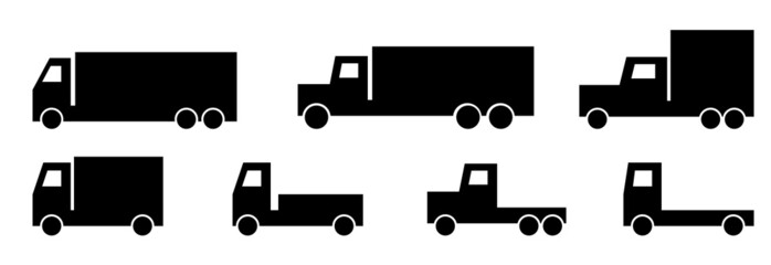 Set of trucks different formy on white background. Vector illustration of transport for transportation, logistic in flat style.