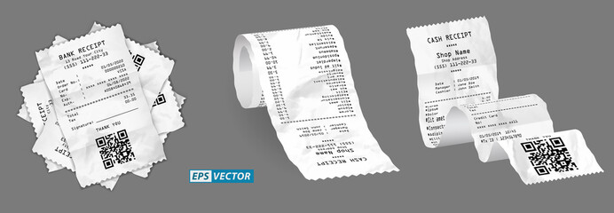 Naklejka premium set of realistic cash register sales receipt isolated or cash receipt printed white paper or printout thermal rolled paper. eps vector