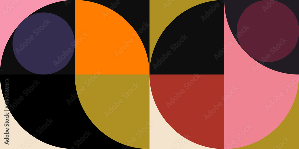 Fototapete Modern vector abstract  geometric background with circles, rectangles and squares  in retro Scandinavian style. Pastel colored simple shapes graphic pattern.