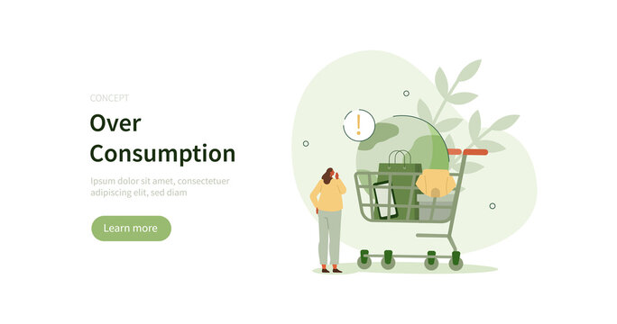 Overconsumption problem. Character buying too much clothes, technics and other stuff. Environment and resources issue concept. Vector illustration.
