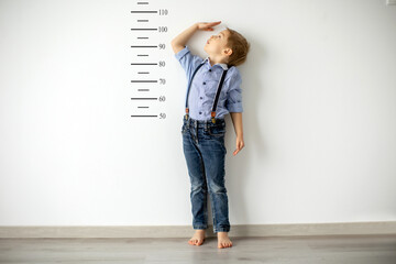 Little child, boy, measuring height against wall in room - obrazy, fototapety, plakaty