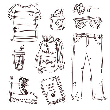 cute set with doodle lifestyle elements, clothes, food and objects