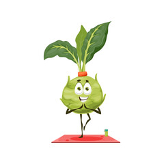 Cartoon cabbage turnip stretching on mat isolated funny kids character yoga fitness. Vector Kohlrabi vegetable healthy vegetarian food with happy smiling face on sport workout. Sportive german cabbage