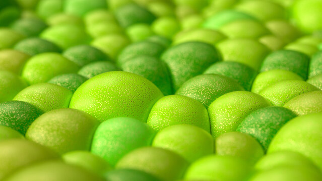 Abstract fresh spring background. Green tones. Packed green spheres with golden glitters. 3D illustration. 3D rendering.