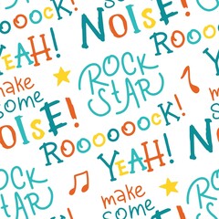 Cute rock graffiti lettering seamless pattern. Hand drawn colorful doodle cartoon letters. Ideal for baby clothes, textiles, wallpaper, wrapping paper.