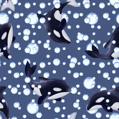 Seamless pattern of killer whales. Background with cartoon orcas. © Gribanessa
