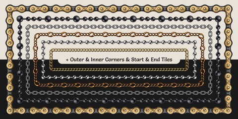 Set of metal chain pattern brushes with corners, end and start tiles in vintage style. Isolated on white and black background.