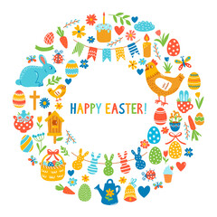 Easter holiday cute colorful icons vector set. Greeting card round drame template