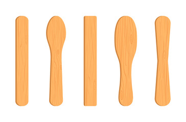 Stick for ice cream and popsicle. Lollipop sticks. Wood sticks for ice cream. Craft of wood. Wooden texture on stick. Brown wooden spatulas isolated on white background. Vector
