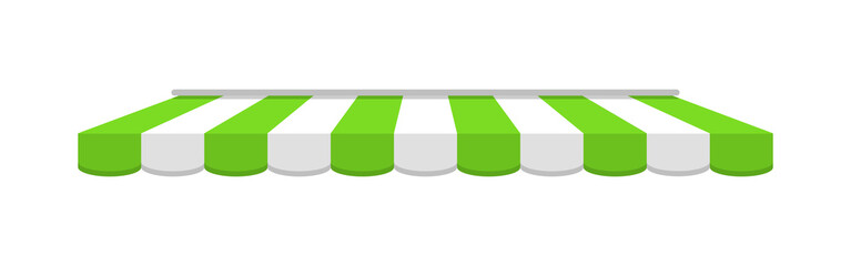 Roof shop. Awning on cafe. Tent of marketplace. Green-white stripe canopy for store or market. Striped sunshade for restaurant, circus and marquee. Parasol on white background. Vector © Wise ant