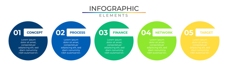 Simple circular business infographic elements plan concept design vector with icons. Timeline five steps network project template for presentation and report.