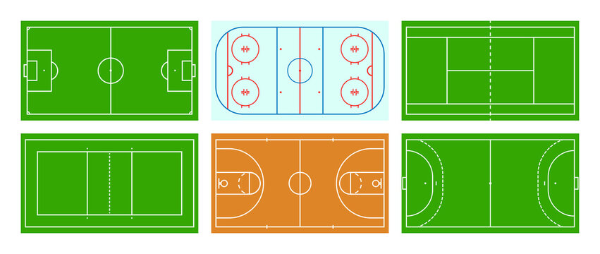 Sport fields. Sport pitchs. Stadium for tennis, soccer, basketball, hockey and volleyball. Set of game courts top view. Floor background with borders for competition. Vector