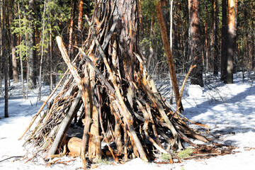 Hut of branches in the winter forest.