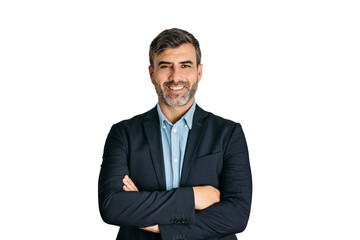 Businessman smiling with arms crossed on white background	