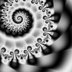 Beauty spiral fractal, monochrome, black and white colors, floral wallpaper, 3D illustration, 3D rendering