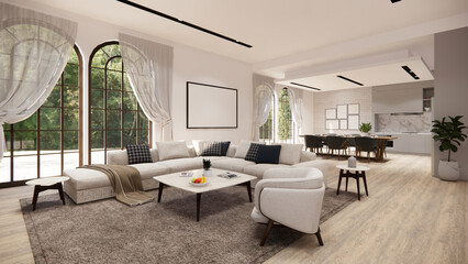 3d rendering. Interior house modern open living room.Loft style Apartment residence in cozy living room ,sofa set,dining area.