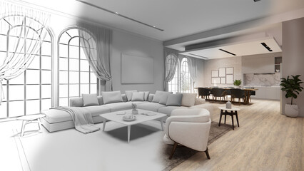 3d rendering. Interior house modern open living room.Loft style Apartment residence in cozy living room ,sofa set,dining area.