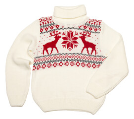 Kids warm Christmas turtleneck sweater on white background