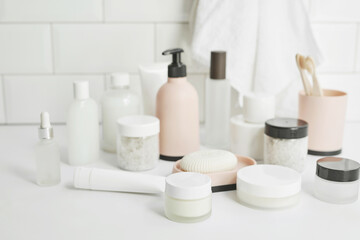 Bath accessories. Dressing table. Cosmetics and hygiene products. Spa and beauty salon. Toothbrush and soap, cream containers