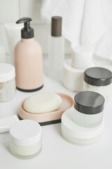 Bath accessories. Dressing table. Cosmetics and hygiene products. Spa and beauty salon. Toothbrush and soap, cream containers