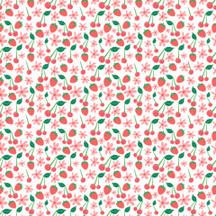 Summer seamless pattern with fruits, berries and blossom. Sweet cartoon background for textile, fabric, decorative paper. Vector