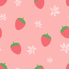 fruit design. strawberry seamless pattern. Cute simple fresh strawberry background with flowers. Cute vector print drawn in cartoon style for textiles, packaging
