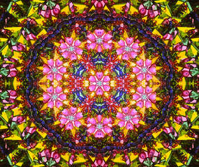 Seamless mosaic pattern. Geometrical abstract ornament with the stars, gems, floral. Abstract kaleidoscope background. Beautiful, seamless. Colorful mosaic texture, ethnic pattern.