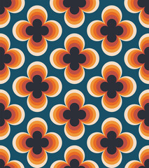 Vintage geometric floral seamless pattern. Retro 70s nostalgic simple shaped groovy flowers with circles colorful background.