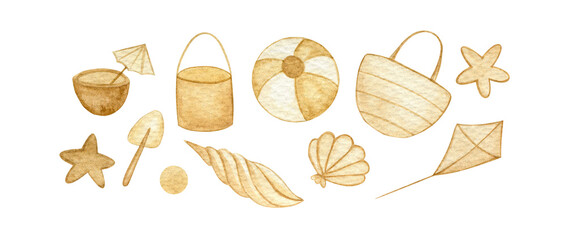 Watercolor beach elements set with seashells, sunshade, beach boll, bag, shovel and pail.