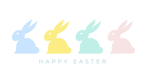 Happy Easter. Minimalist bunnies. Pastel colors. For greeting card, poster, banner. Horizontal format. Vector illustration, flat design