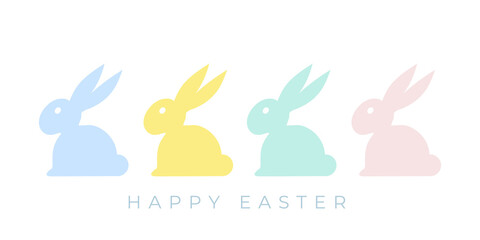 Fototapeta premium Happy Easter. Minimalist bunnies. Pastel colors. For greeting card, poster, banner. Horizontal format. Vector illustration, flat design