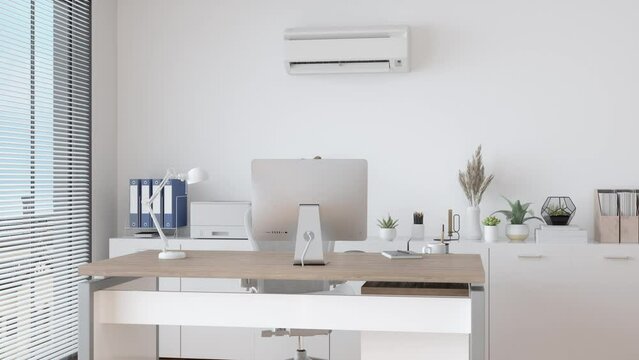 Modern Office Interior With Air Conditioner, Table, Desktop Computer And Cabinets