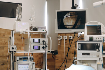 A surgery table and equipment in a hospital
