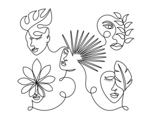 Face of an abstract woman with leaves in a modern abstract minimalist one line style. Tropical leaf. Continuous black line simple drawing. Vector fashion illustration. Many faces. 