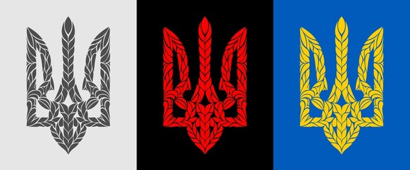 Vector Decorative Ukrainian Trident. Patterned Coat of Arms, woven from leaves - obrazy, fototapety, plakaty