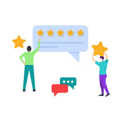People characters giving five star feedback customer review concepts illustration.