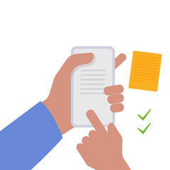 Hand holding smartphone on documents illustration.