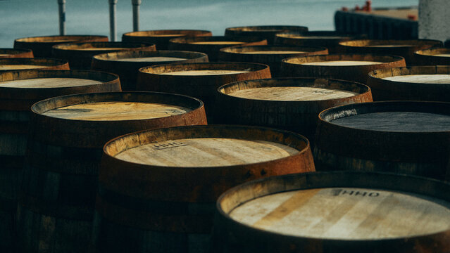wooden barrels outside