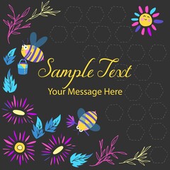 Neon Colored Honey Bees and Flowers Cute Vector Frame Background