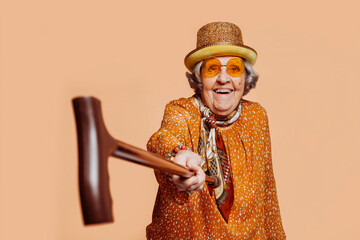 Happy smiling stylish elderly grandmother aiming at camera with a cane at studio over beige...