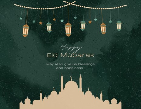 Eid Al Fitr Muslim Festival Islamic greetings emerald design with hanging lanterns and beige mosque