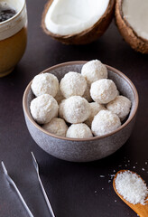 Coconut candy or cookies. Dessert. Coconut. Vegetarian food.
